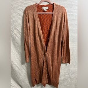 Bloomingdales Orange Rust Metallic Shimmer Long Cardigan Sweater Dress 1X B1